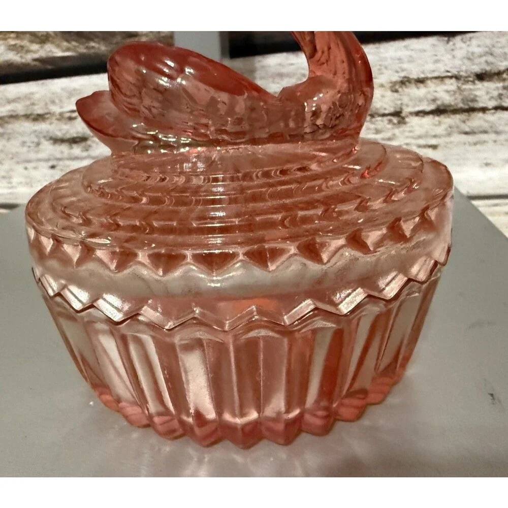 Vintage Jeanette Amberina Glass Powder Dish w/Swan Lipstick Holder Lid